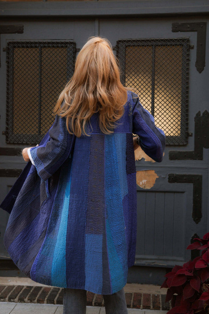 STRIPE AND CHECK COTTON SILK PATCH KANTHA  WRAP FLARE COAT - ss4330-blu -