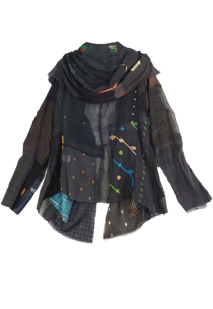 MOSAIC TILE PATCH KANTHA HOODED JKT - mt1042-blk -