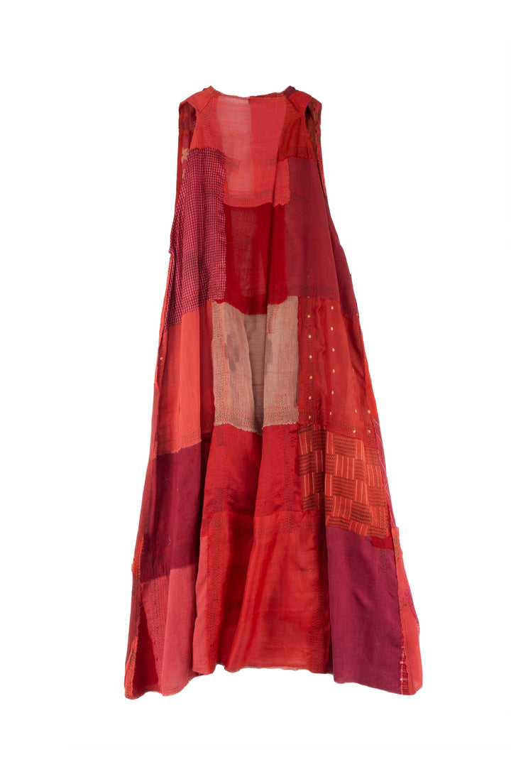 MOSAIC TILE PATCH KANTHA BACK PLEATED VEST MAXI - mt1222-red -