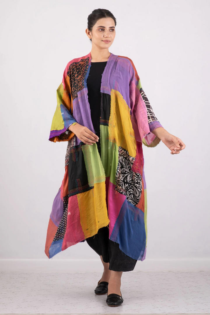 MOSAIC TILE PATCH KANTHA KIMONO MAXI - mt1318-mlt -