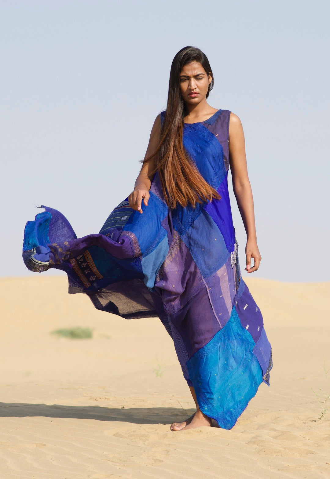 MOSAIC TILE PATCH KANTHA FULL CIRCULAR DRESS MAXI - mt1422-blu -