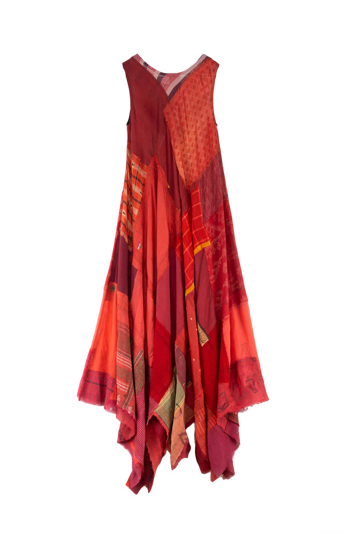 MOSAIC TILE PATCH KANTHA FULL CIRCULAR DRESS MAXI - mt1422-red -