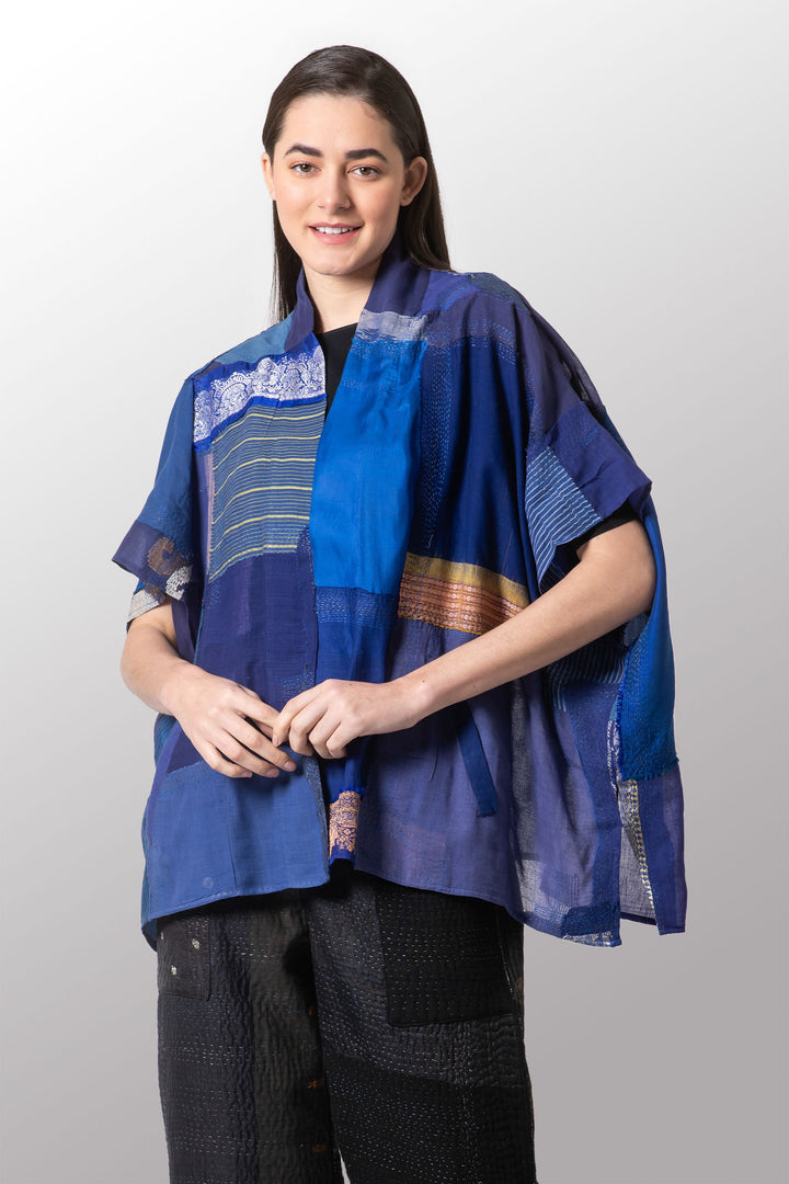 MOSAIC TILE PATCH KANTHA PONCHO TOP - mt1568-blu -