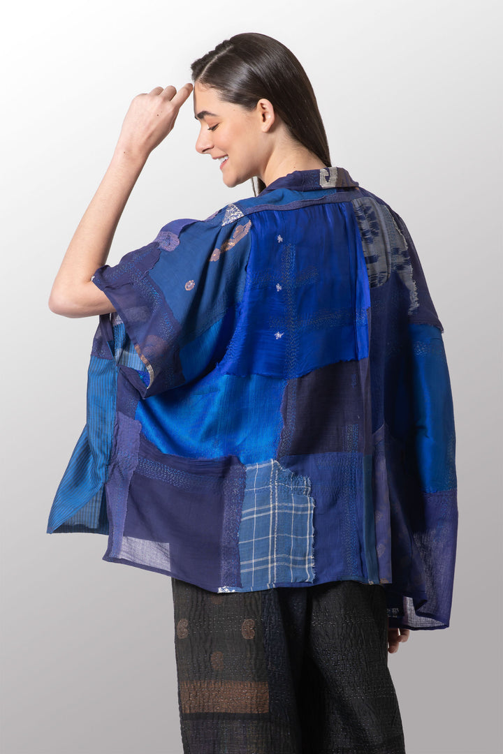 MOSAIC TILE PATCH KANTHA PONCHO TOP - mt1568-blu -