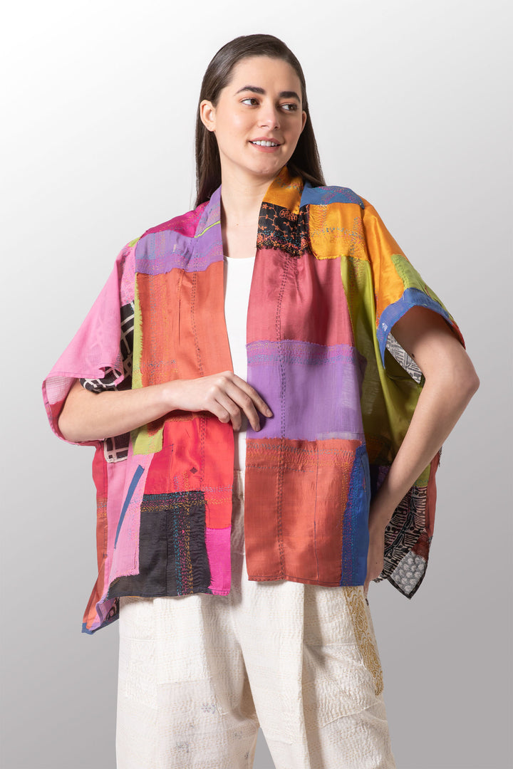 MOSAIC TILE PATCH KANTHA PONCHO TOP - mt1568-mlt -