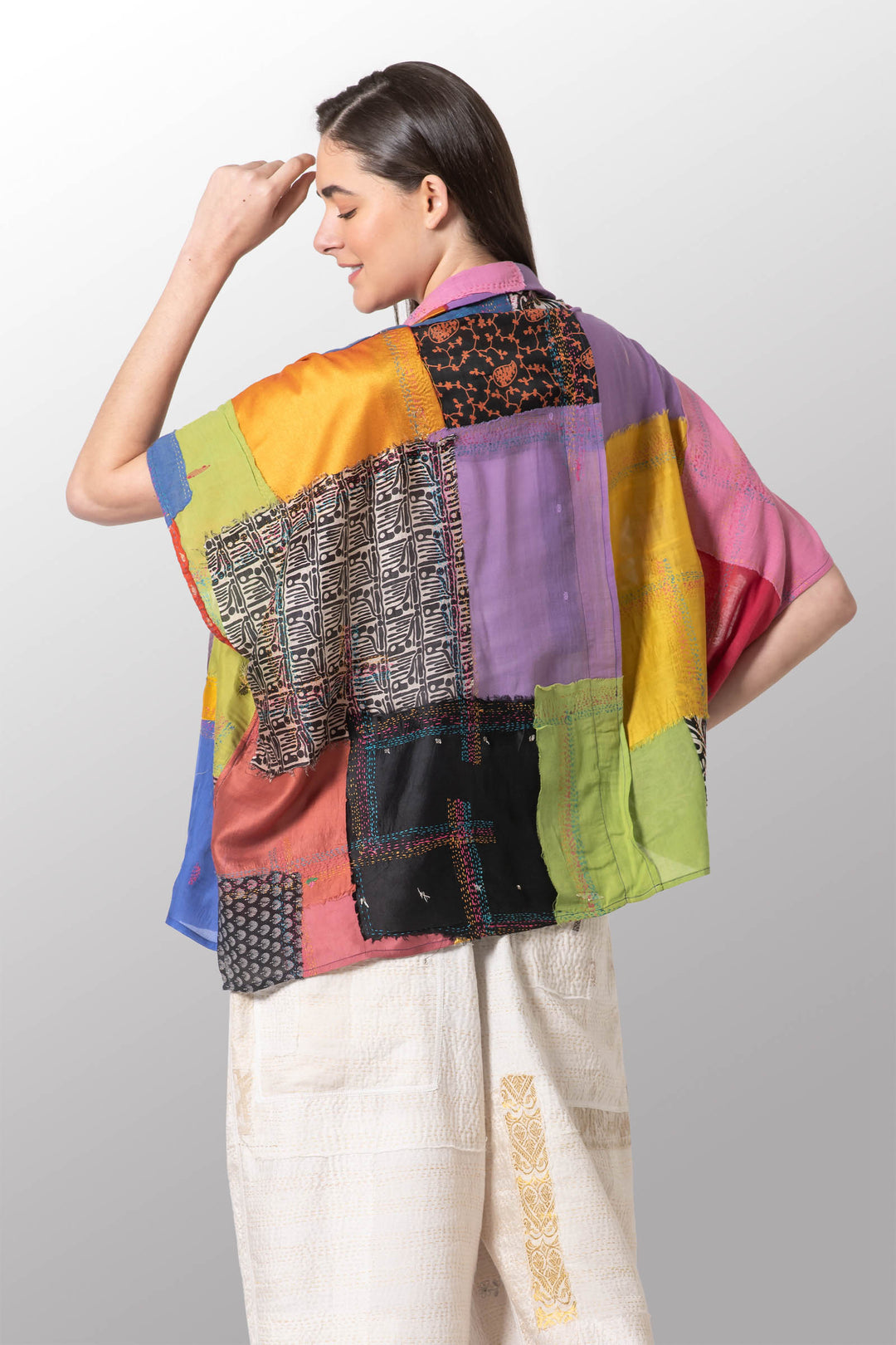 MOSAIC TILE PATCH KANTHA PONCHO TOP - mt1568-mlt -