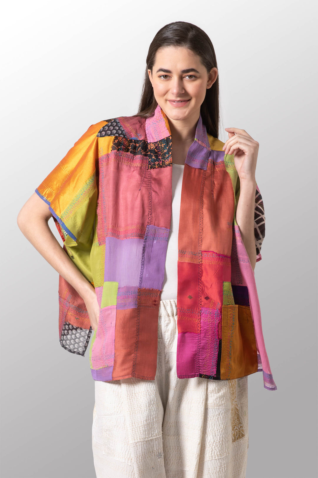 MOSAIC TILE PATCH KANTHA PONCHO TOP - mt1568-mlt -