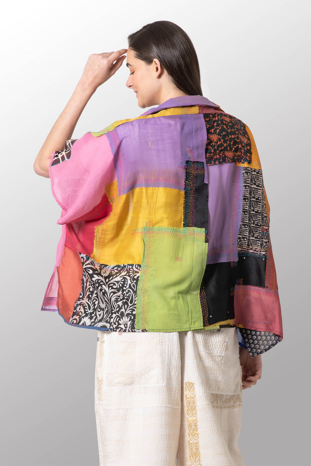 MOSAIC TILE PATCH KANTHA PONCHO TOP - mt1568-mlt -