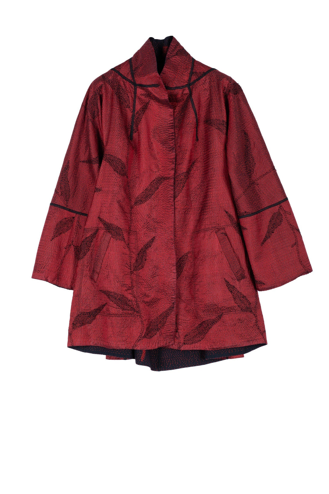 NIGHT BAMBOO SILK COTTON KANTHA FLARE LONG JKT - nb2021-red -