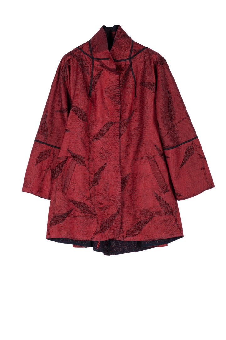 NIGHT BAMBOO SILK COTTON KANTHA FLARE LONG JKT - nb2021-red -