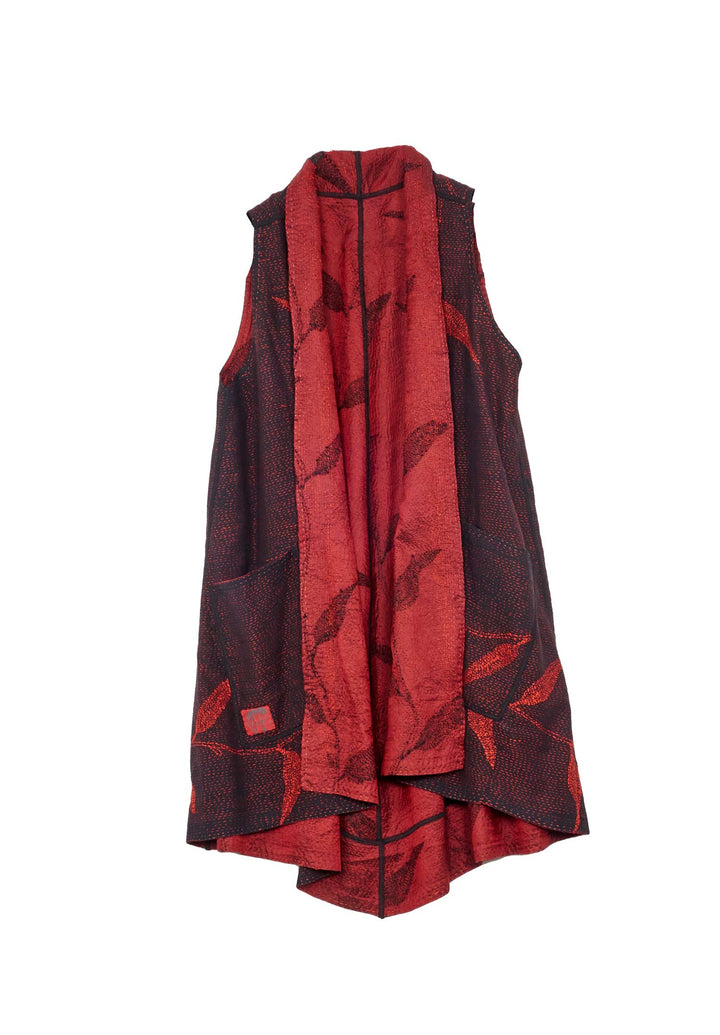 NIGHT BAMBOO SILK COTTON KANTHA A-LINE VEST - nb2203-red -