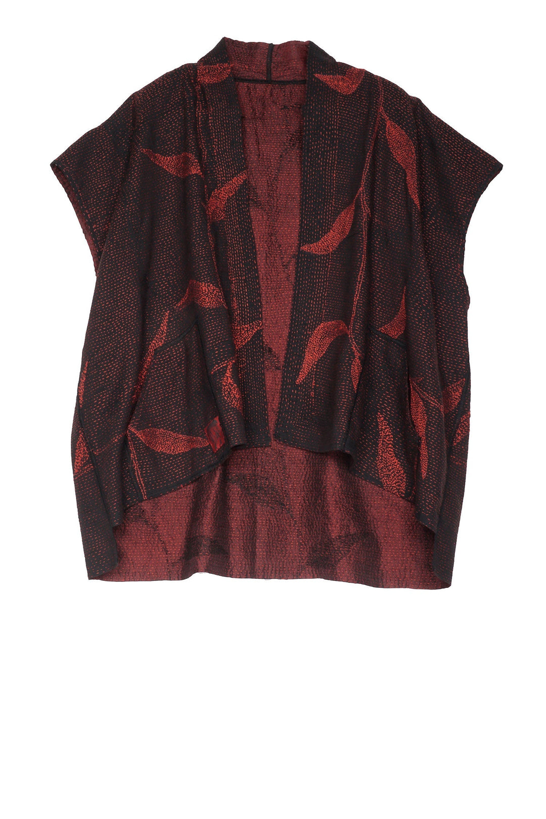 NIGHT BAMBOO SILK COTTON KANTHA MINI KIMONO VEST - nb2238-red -