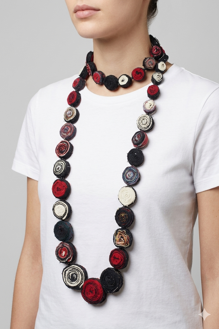 VINTAGE COTTON KANTHA SIMPLE EDDY LONG NECKLACE - cv2714-blk -