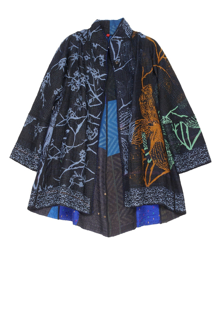 NIGHT FLOWERS KANTHA FLARE LONG JKT - nl4021-blu -