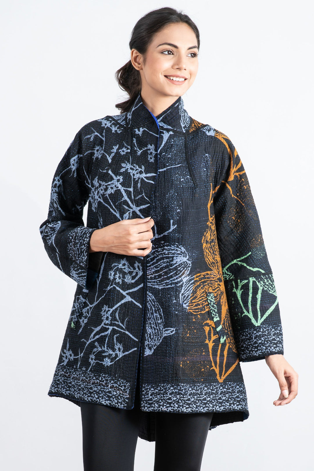 NIGHT FLOWERS KANTHA FLARE LONG JKT - nl4021-blu -