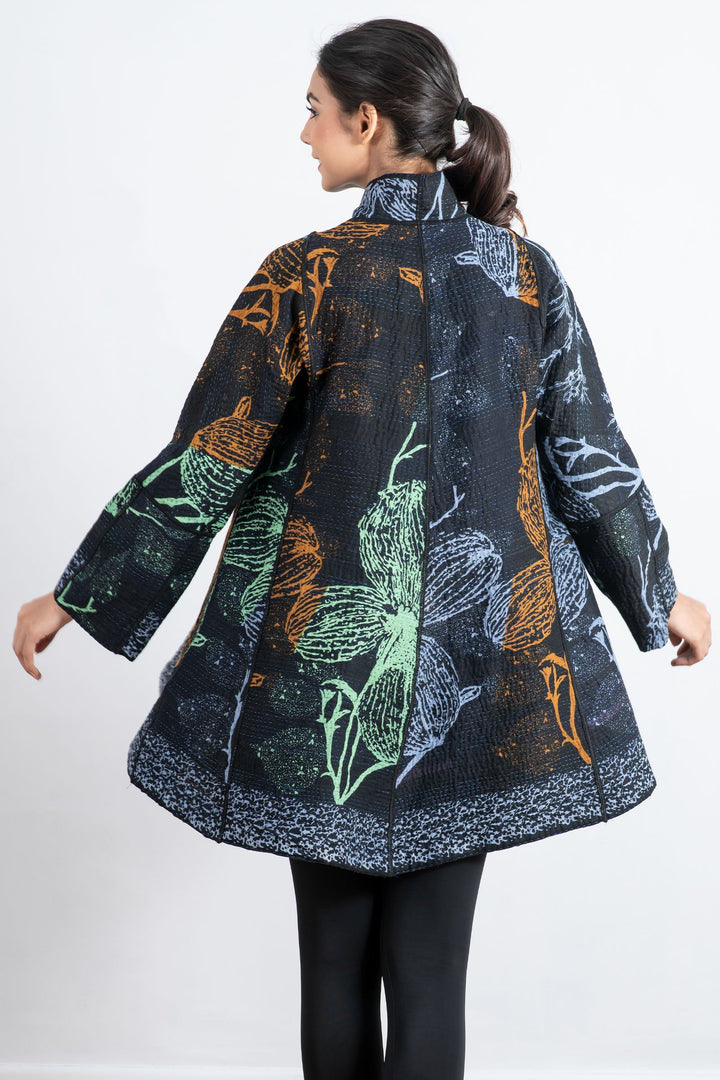 NIGHT FLOWERS KANTHA FLARE LONG JKT - nl4021-blu -