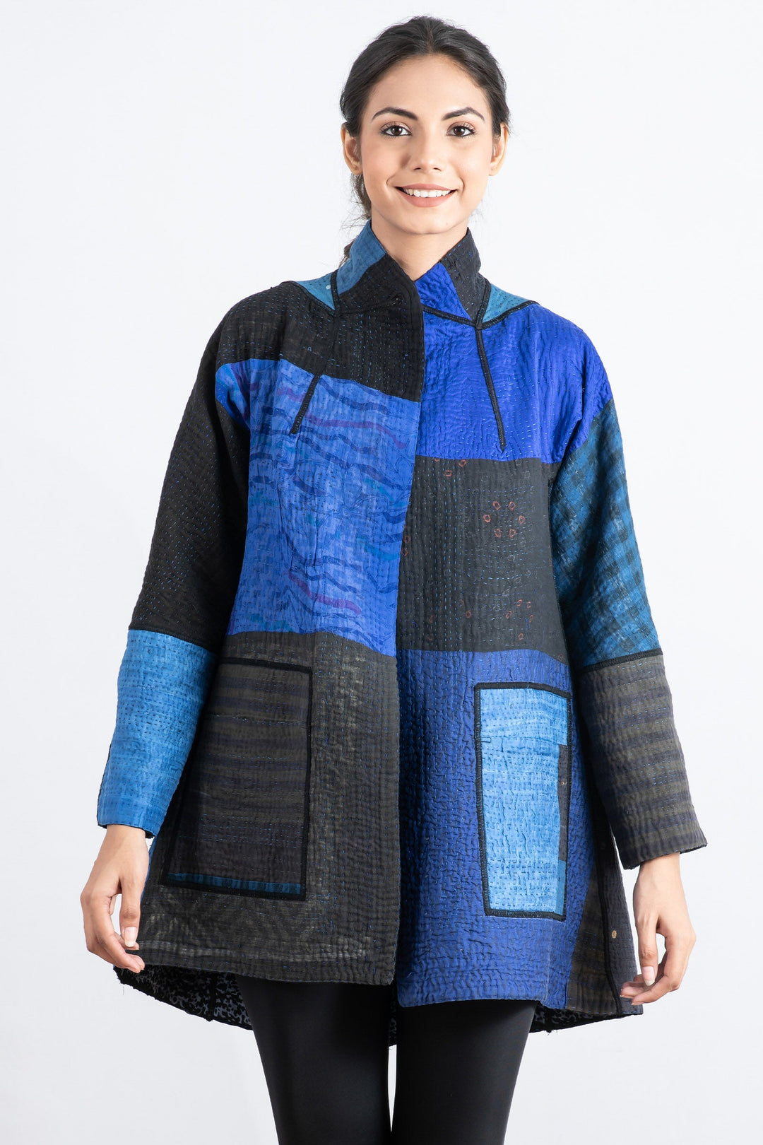 NIGHT FLOWERS KANTHA FLARE LONG JKT - nl4021-blu -