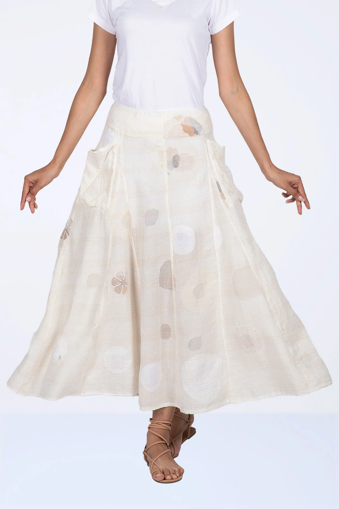 CUT THROUGH DOT AND HOLES KANTHA PANELED FLARE SKIRT - cd2630-ivy -