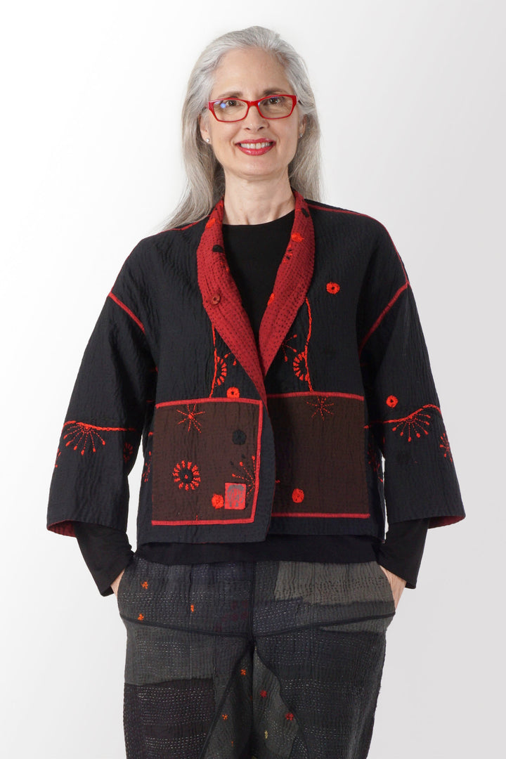 OMBRE SUN RALLI FIREWORKS KANTHA STAND COLLAR CROPPED JACKET - of4034-red -