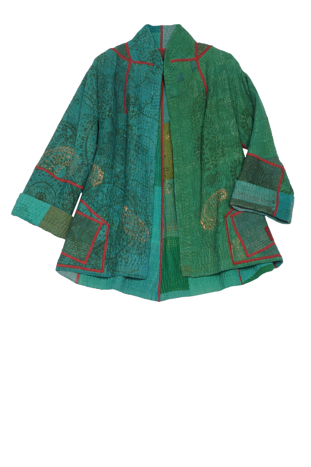 OMBRE PATCHED GOLD STAMP KANTHA FLARE SHORT JKT - og4011-grn -