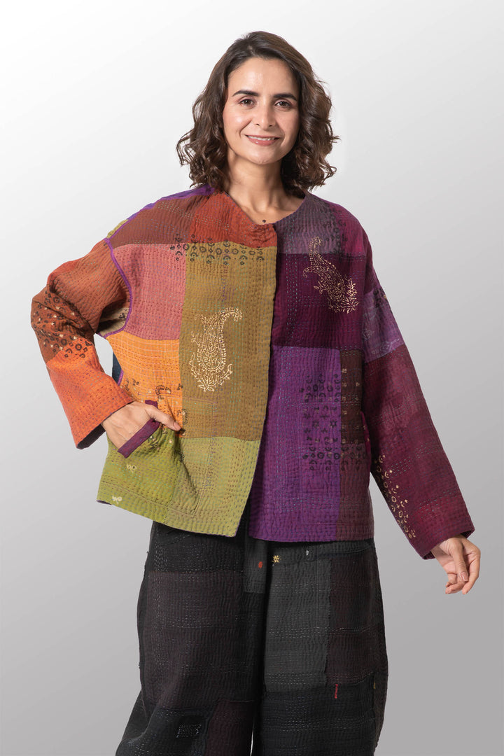 OMBRE PATCHED GOLD STAMP KANTHA CREW NECK SHORT JACKET - og4053-mlt -