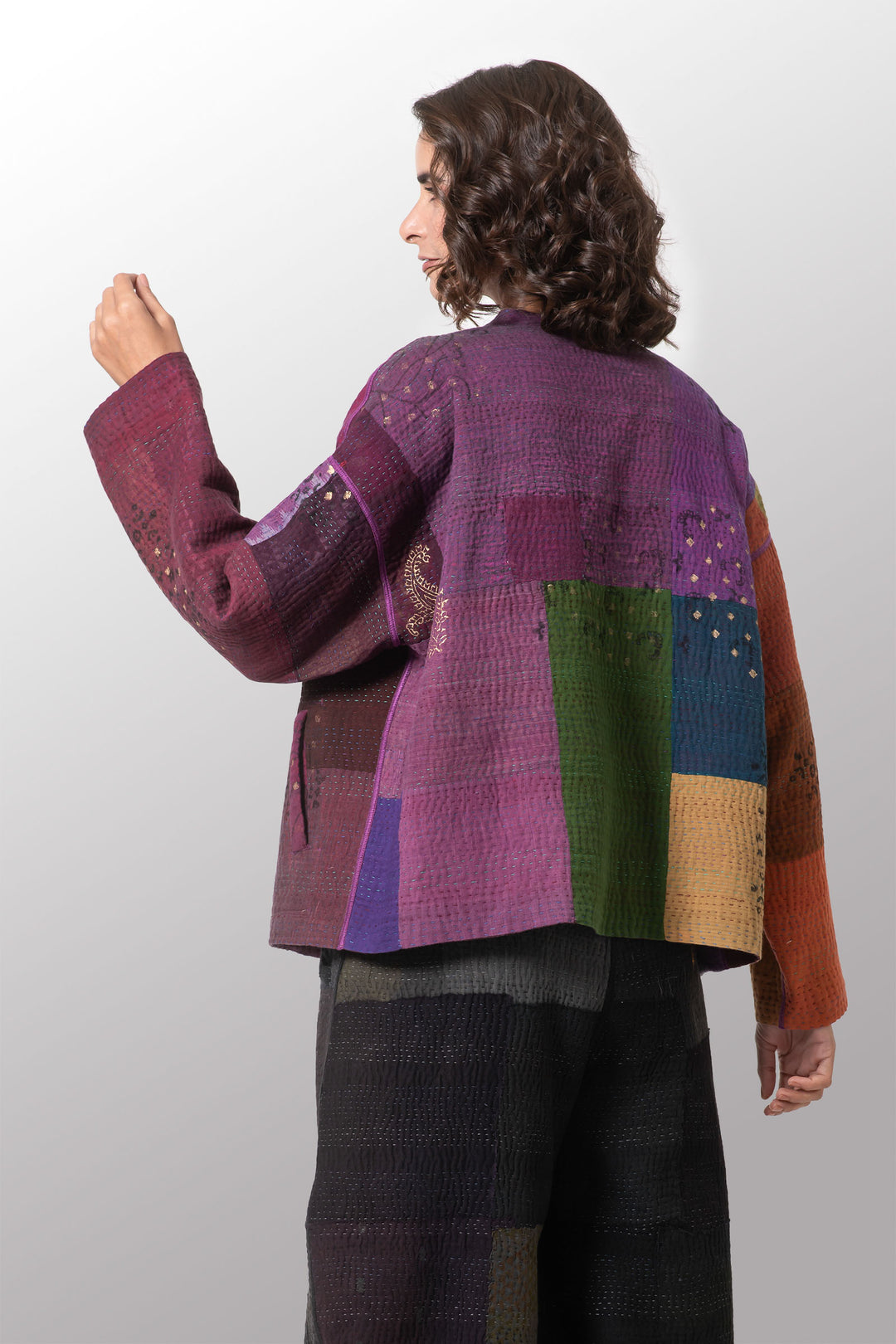 OMBRE PATCHED GOLD STAMP KANTHA CREW NECK SHORT JACKET - og4053-mlt -