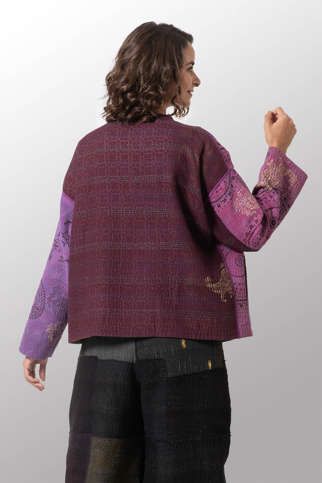 OMBRE PATCHED GOLD STAMP KANTHA CREW NECK SHORT JACKET - og4053-mlt -