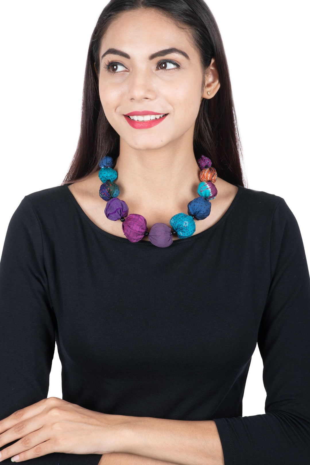 OOAK VINTAGE SILK KANTHA NUTS SHORT NECKLACE - ok2700-blu -