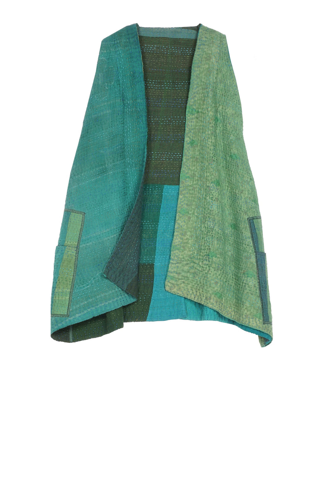 OMBRE PATCHED KANTHA BACK PLEATED VEST SHORT - op4223-grn -
