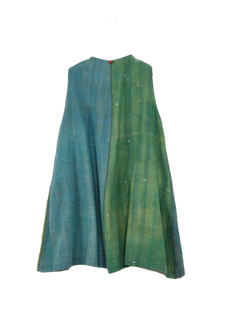 OMBRE PATCHED KANTHA BELL SHAPE LONG VEST - op4225-grn -