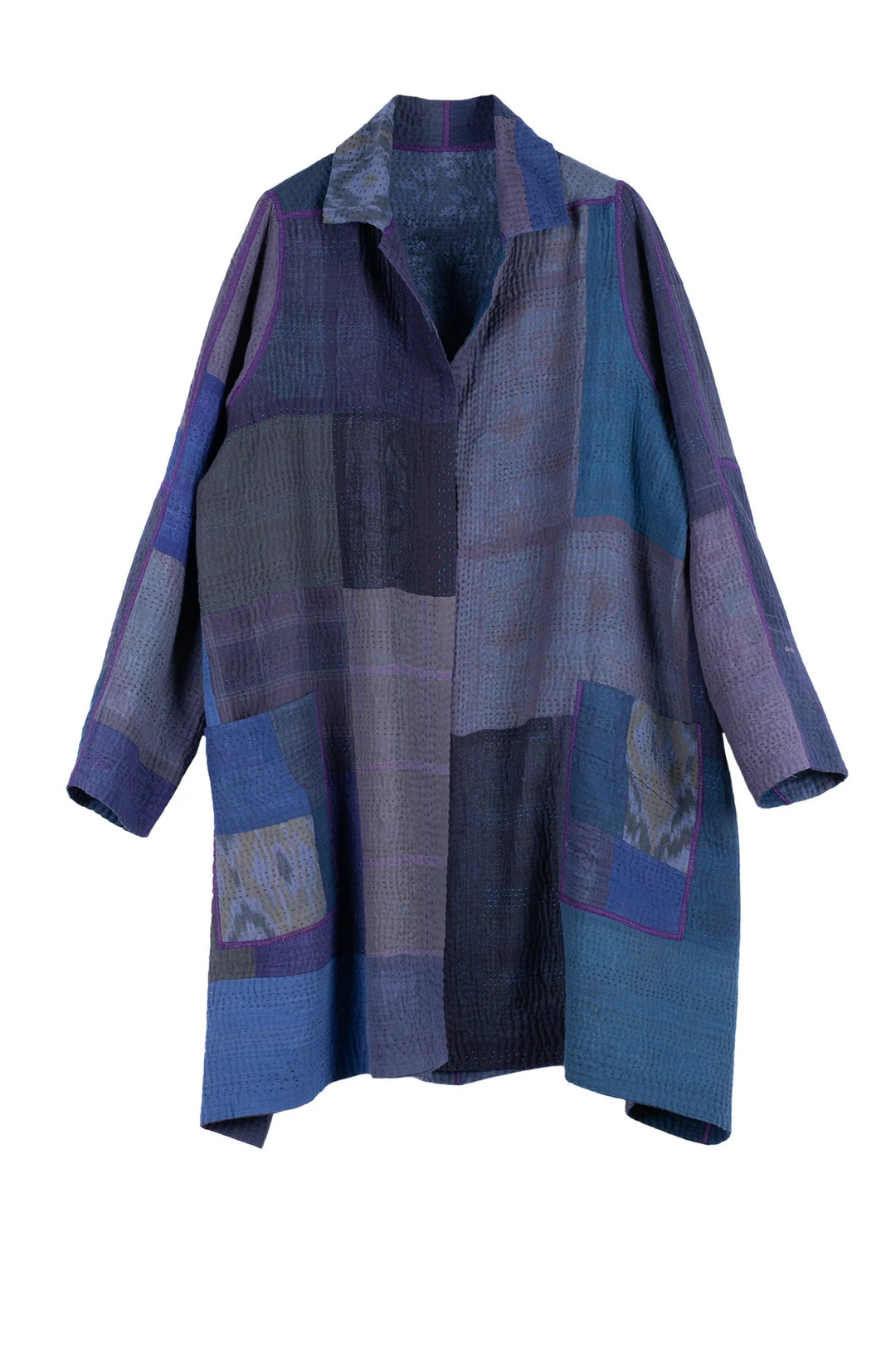 OMBRE PATCHED KANTHA A-LINE DUSTER - op4311-blu -