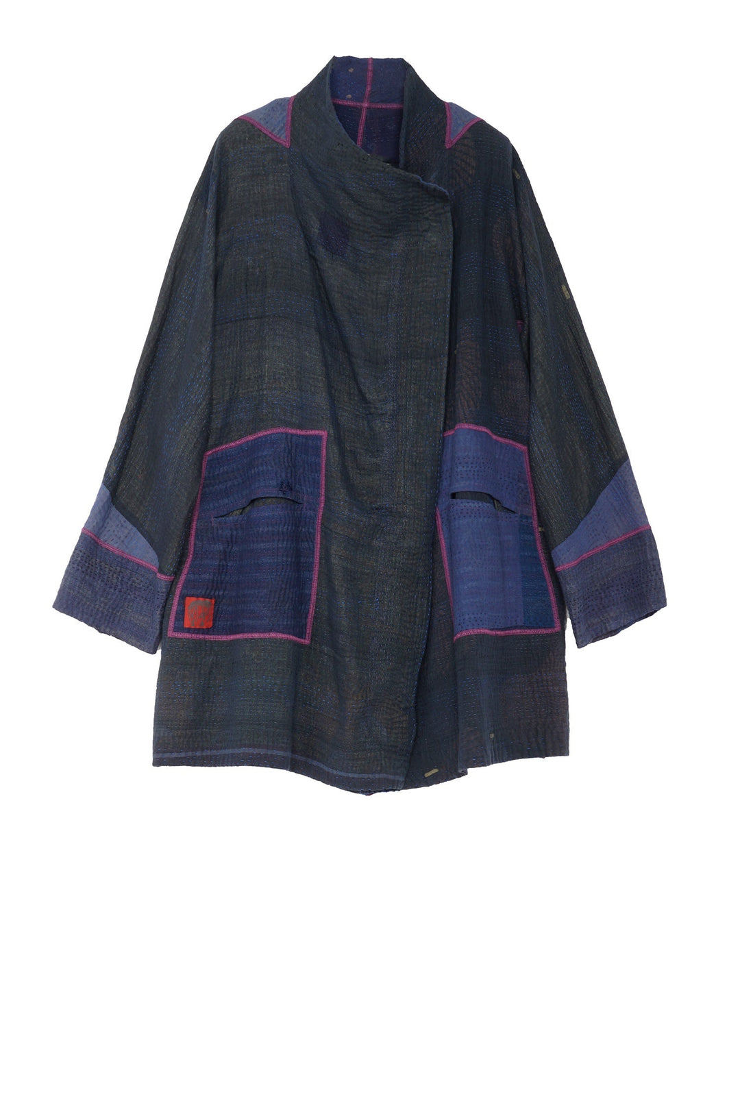 OMBRE PATCHED KANTHA FUNNEL COLLAR COAT - op4312-blu -