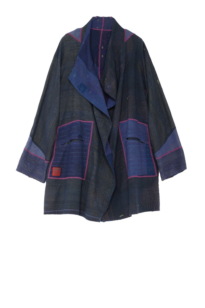 OMBRE PATCHED KANTHA FUNNEL COLLAR COAT - op4312-blu -