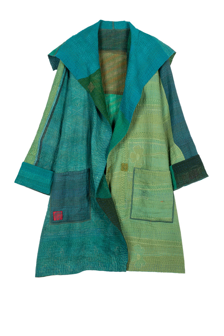 OMBRE PATCHED KANTHA POCKET MEDIUM COAT - op4316-grn -