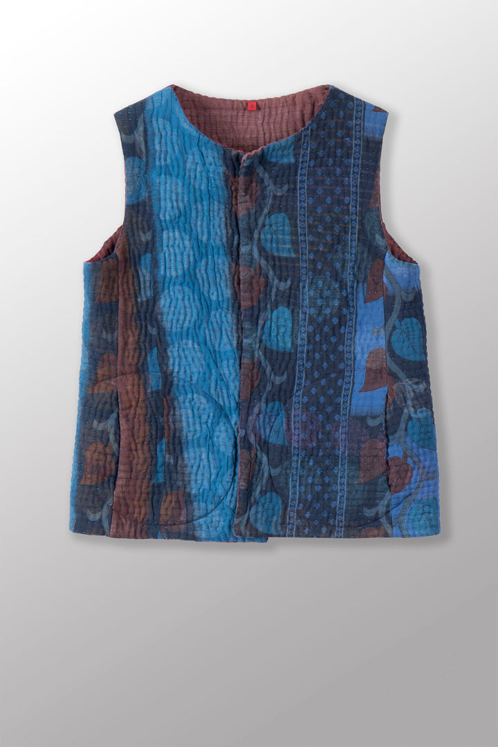 QUILTED OVER DYE RED COTTON KANTHA CREW NECK FITTED VEST - oq5228-cblu003s -