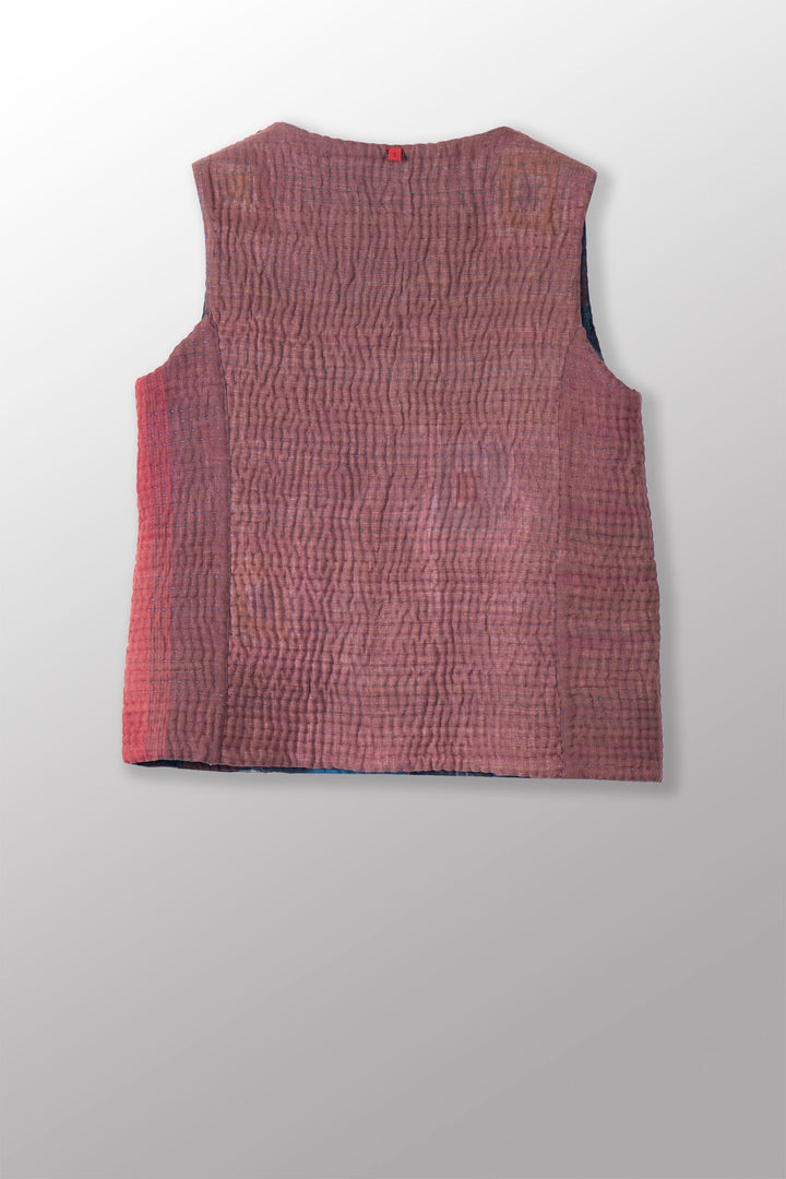 QUILTED OVER DYE RED COTTON KANTHA CREW NECK FITTED VEST - oq5228-cblu003s -