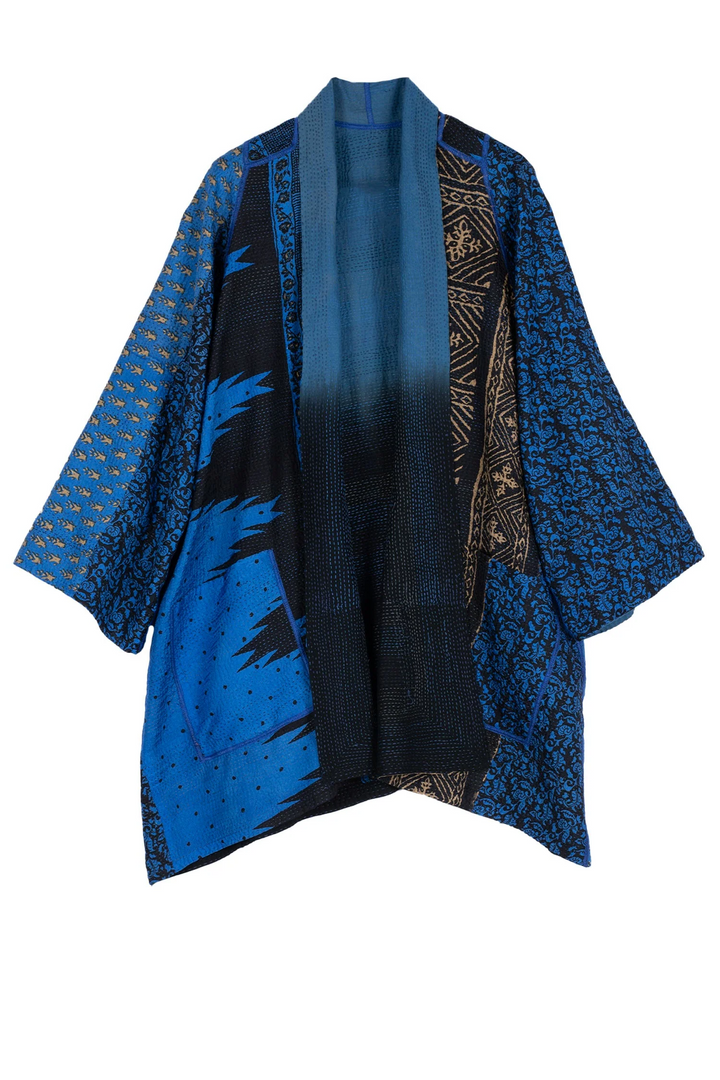 SILK COTTON OMBRE PRINT KANTHA A-LINE JKT - os2003-blu -