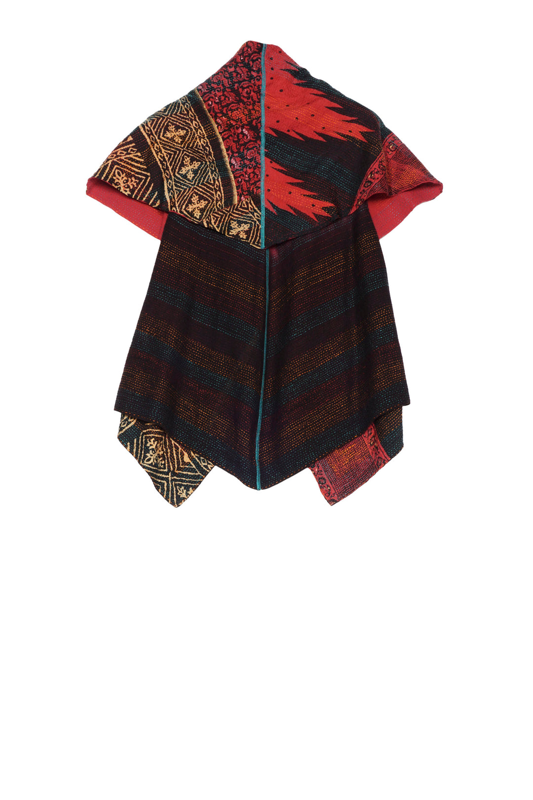 SILK COTTON OMBRE PRINT KANTHA CIRCULAR SHORT VEST - os2202-red -