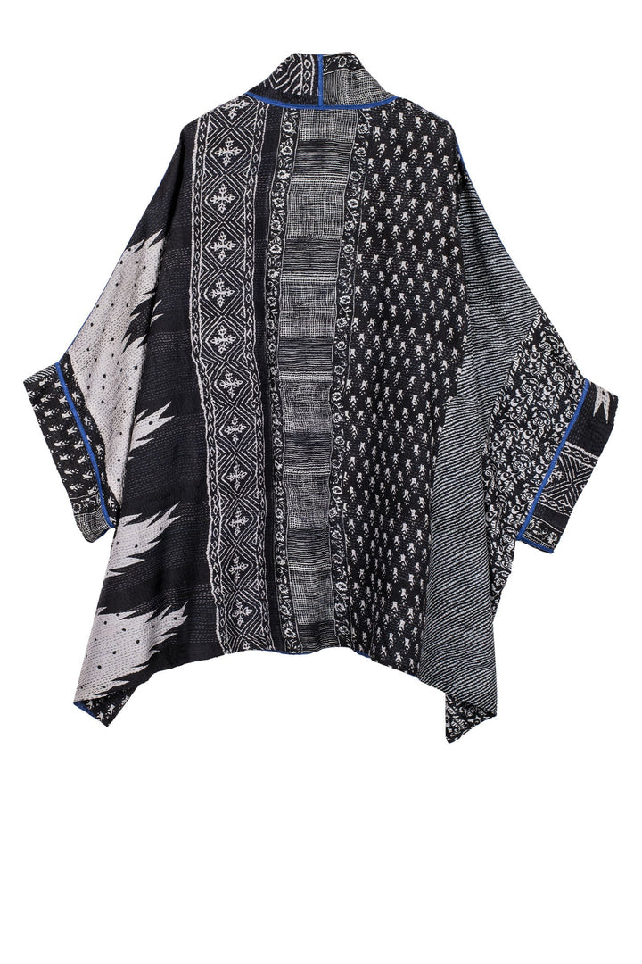 SILK COTTON OMBRE PRINT KANTHA DOUBLE COLLAR PONCHO - os2323-blk -