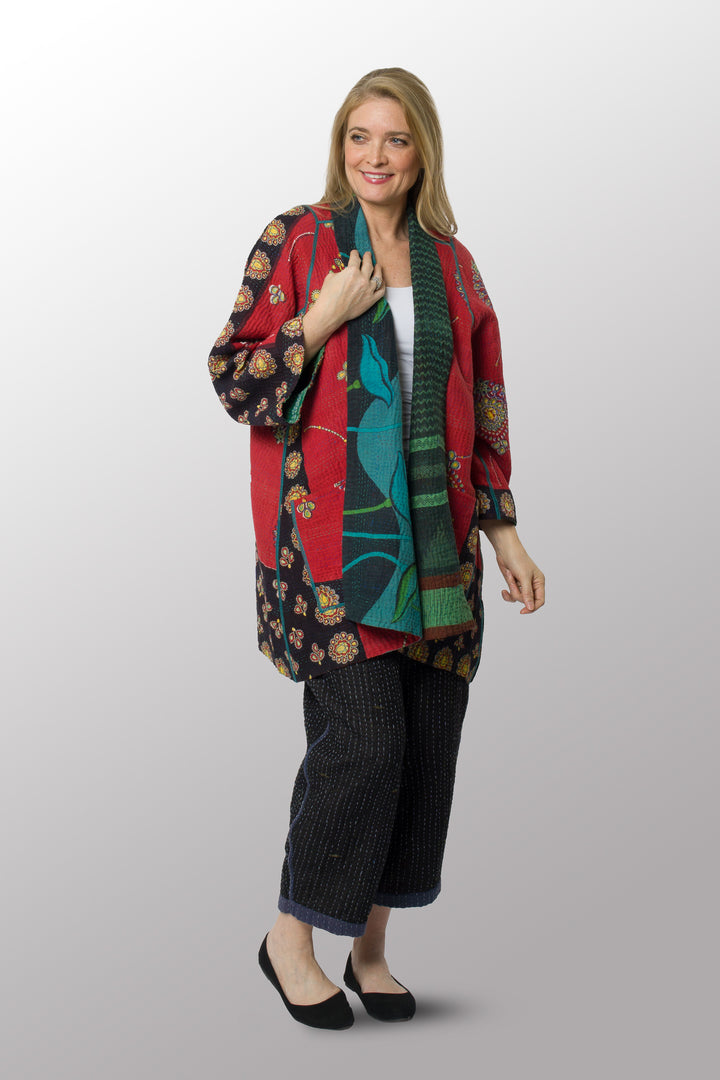 COTTON OVER DYE KANTHA A-LINE JKT - ov4003-cgrn028a -