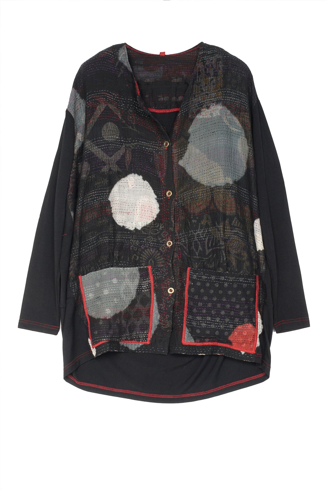 PATCH & CIRCLE PRINT KANTHA AND KNIT LONG JKT - pc2028-blk -