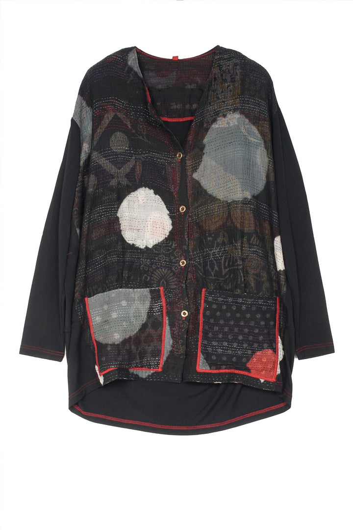 PATCH & CIRCLE PRINT KANTHA AND KNIT LONG JKT - pc2028-blk -