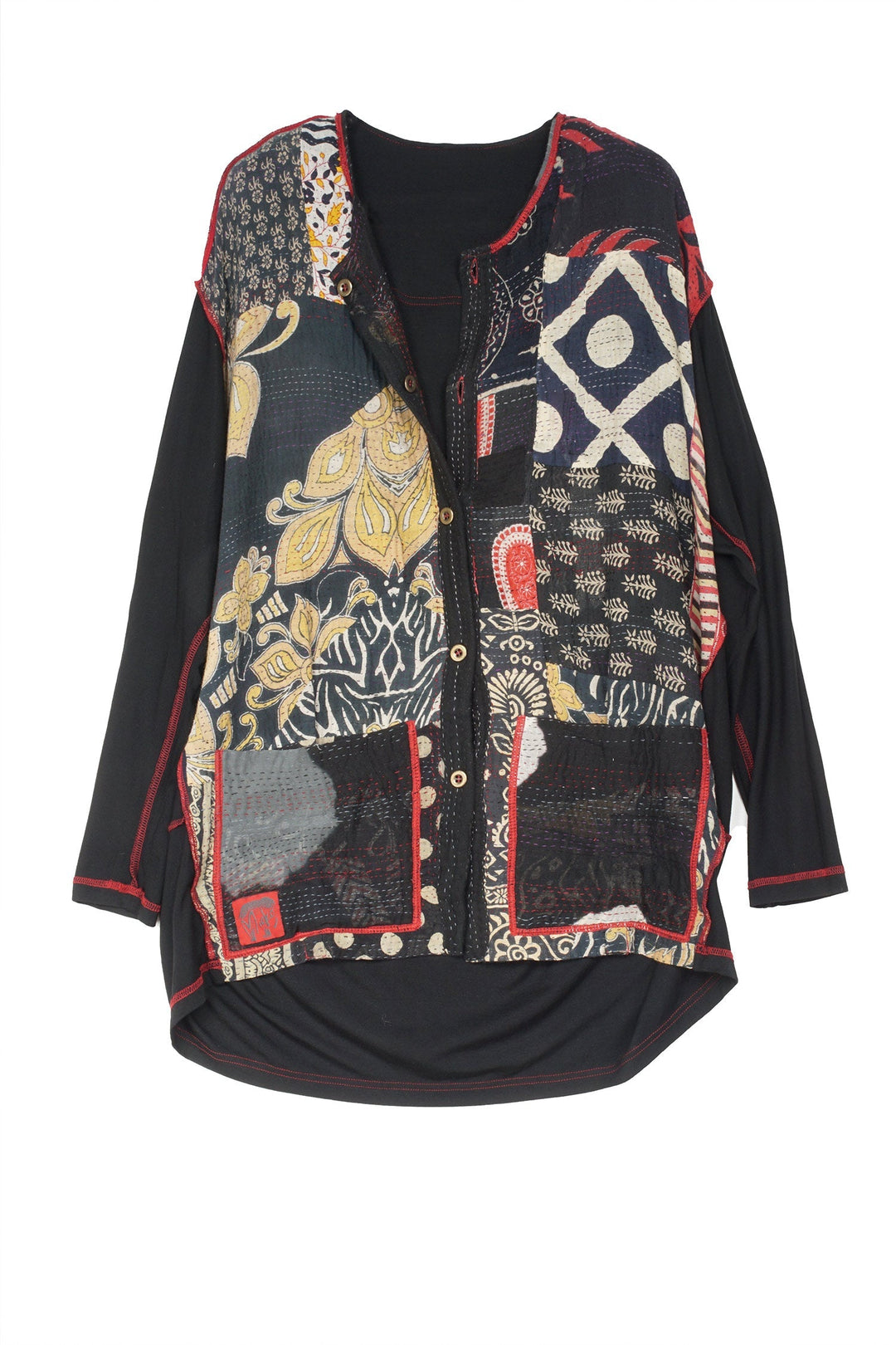 PATCH & CIRCLE PRINT KANTHA AND KNIT LONG JKT - pc2028-blk -