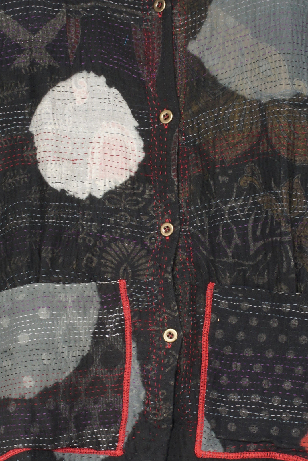 PATCH & CIRCLE PRINT KANTHA AND KNIT LONG JKT - pc2028-blk -