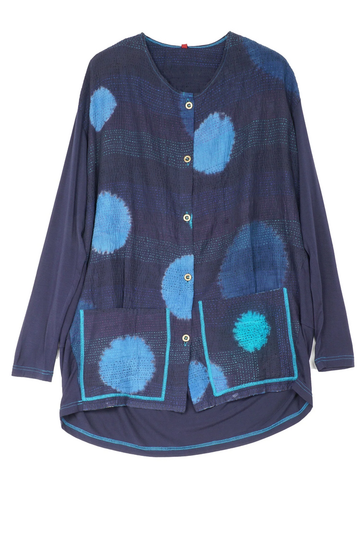 PATCH & CIRCLE PRINT KANTHA AND KNIT LONG JKT - pc2028-blu -