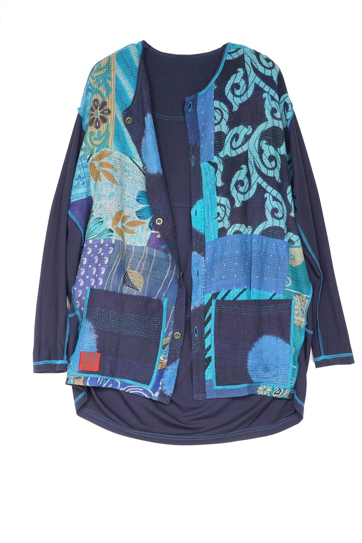 PATCH & CIRCLE PRINT KANTHA AND KNIT LONG JKT - pc2028-blu -