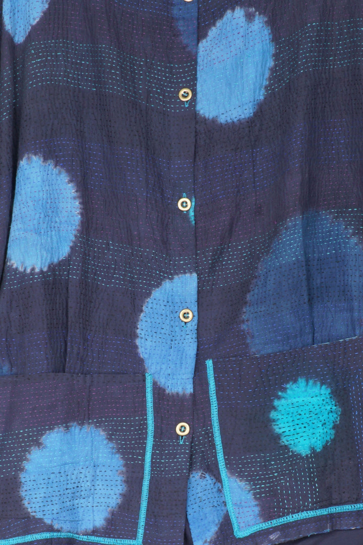 PATCH & CIRCLE PRINT KANTHA AND KNIT LONG JKT - pc2028-blu -