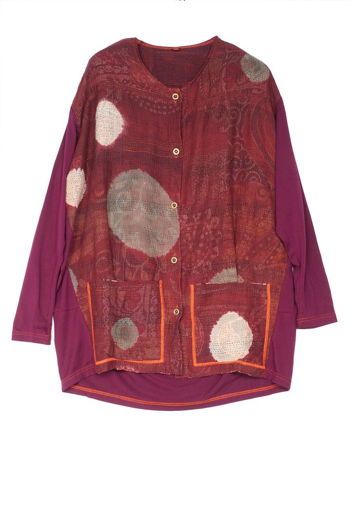 PATCH & CIRCLE PRINT KANTHA AND KNIT LONG JKT - pc2028-red -