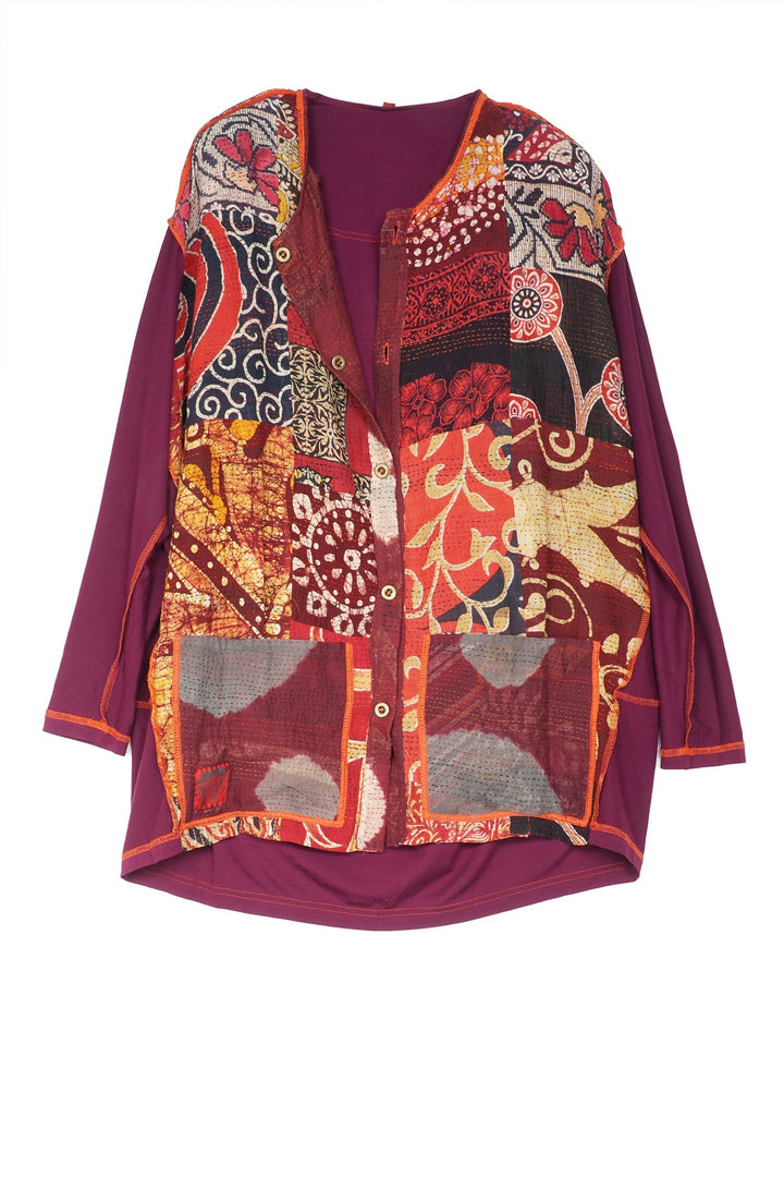 PATCH & CIRCLE PRINT KANTHA AND KNIT LONG JKT - pc2028-red -