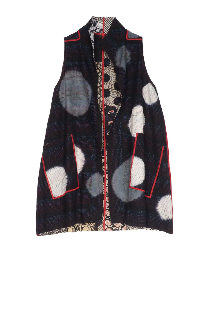 PATCH & CIRCLE PRINT KANTHA WING COLLAR VEST - pc2207-blk -